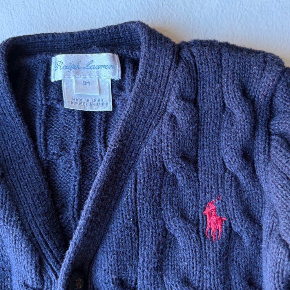 Ralph Lauren signature baby kids cardigan. Navy Blue with dark red logo.